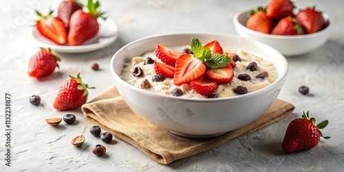 Delicious and healthy oatmeal breakfast bowl with fresh strawberries, chocolate chips, and hazelnuts