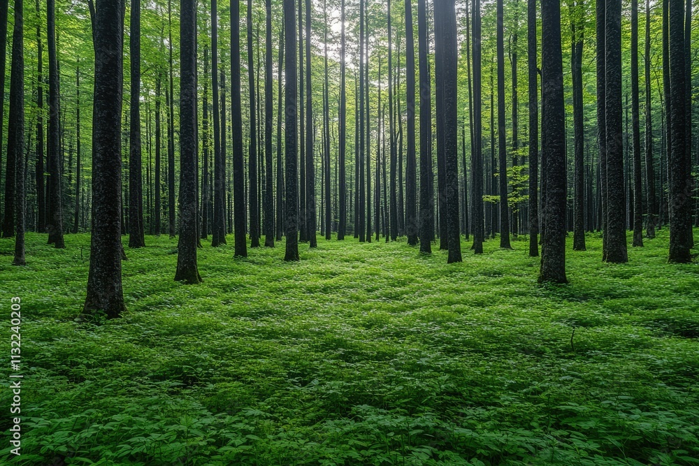 Fototapeta premium Lush Green Forest Floor with Tall Trees