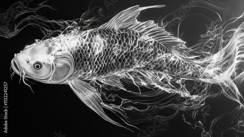 Beautiful black and white vector illustration of a Japanese or Chinese inspired koi carp fish photo