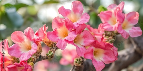 Vibrant pink bignonia flowers, also known as Adenium flowers, showcase the beauty of pink Desert Rose varieties on trees. Experience the allure of fresh pink flowers perfect for garden backgrounds. photo