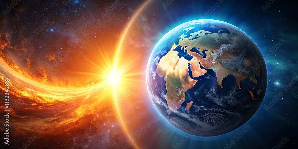 Obraz premium A fiery celestial body and a planet Earth in space