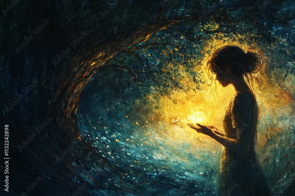 Fototapeta premium Woman holds glowing orb near dark tree.