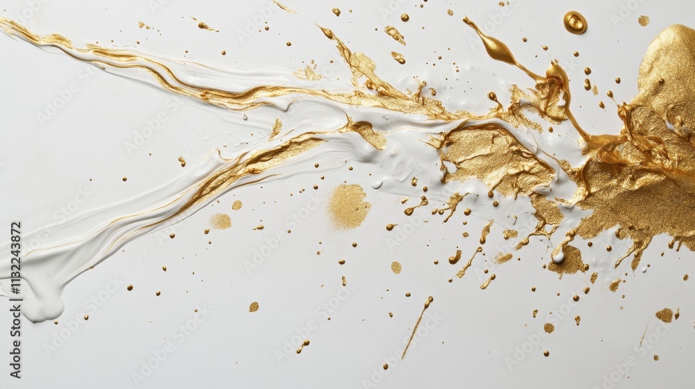Obraz premium Dynamic gold and white paint splatter studio setting abstract art minimalist design close-up perspective creative expression