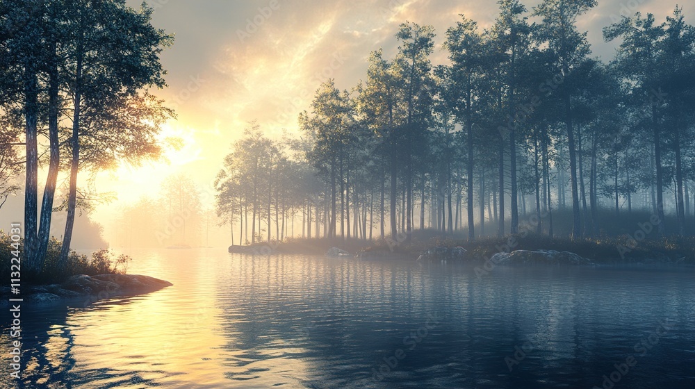 Fototapeta premium Sunrise over Misty Lake and Forest: A Tranquil Landscape