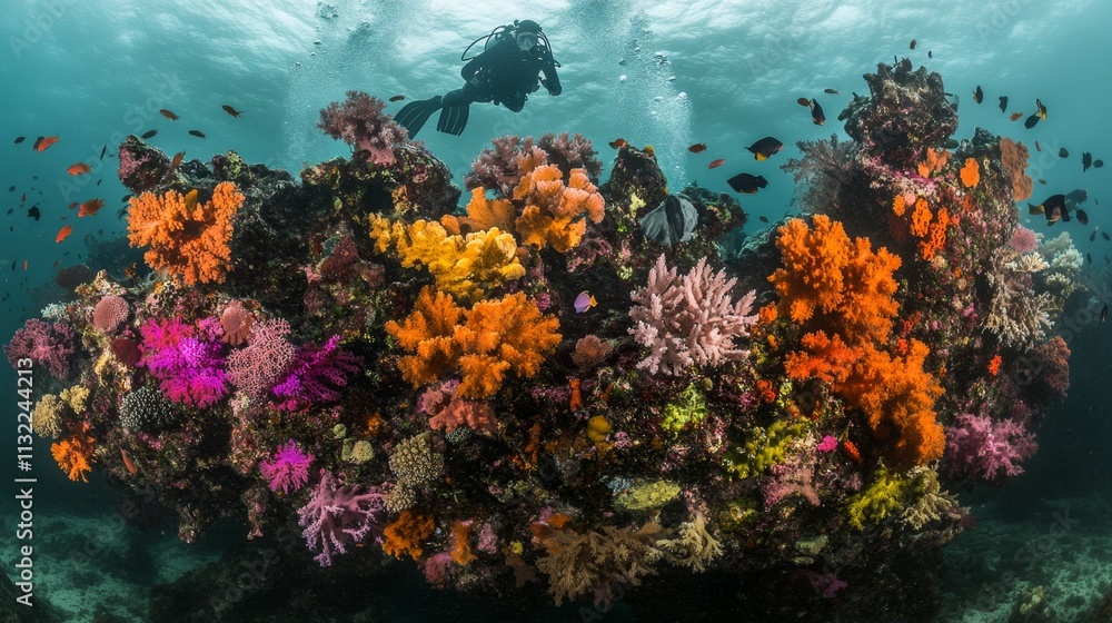 Obraz premium Diving adventure among vibrant coral reef underwater paradise ocean exploration colorful marine life scenic perspective conservation awareness