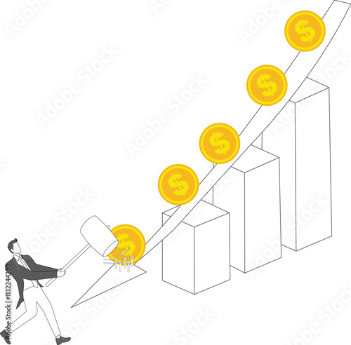 Mitigating shock or damage, stopping further loss or deterioration, enforcing rescue measures, monetary policy to solve economic and monetary problems, merchants with hammers nailing nails in falling 