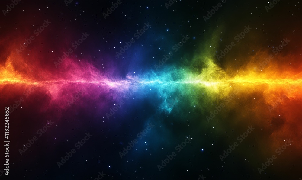 Obraz premium Cosmic nebula; rainbow hues, scattered stars.