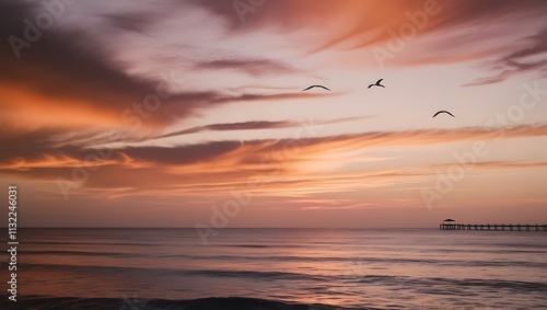 Serene Sunset Over Ocean Pier With Birds Flying photo