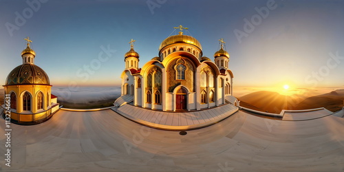 Full 360 degrees seamless spherical panorama HDRI equirectangular projection of A Orthodox Church with golden domes. Texture environment map for lighting and reflection source rendering 3d scenes.