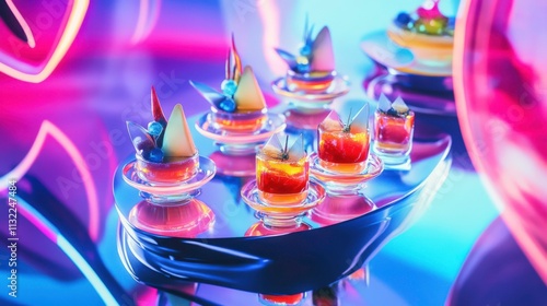 
Futuristic Multi-Layered Canapés with Transparent Jellies, Luminescent Sauces, and Metallic Garnishes on Reflective Table under Neon Blue and Magenta Lights