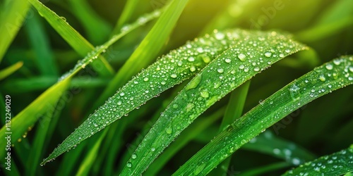 Closeup of fresh green blades of grass adorned with dew drops, showcasing the vibrant details of fresh green grass and the beauty of nature captured in dew laden blades. photo