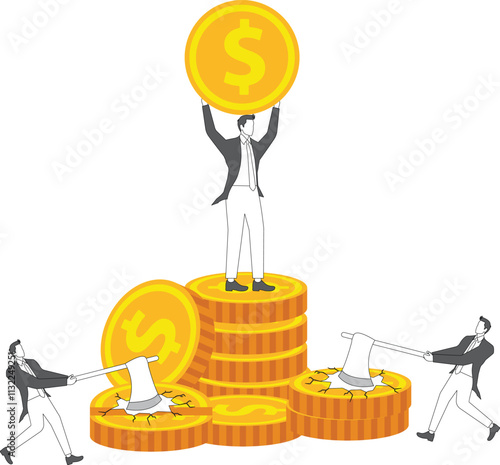 Dangerous and risky investments, investment losses or bankruptcy, signals of crisis in the investment market, axes chopping up the gold coins invested by businessmen