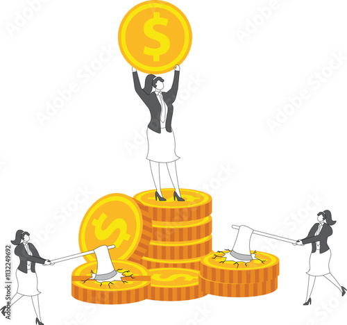Dangerous and risky investments, investment losses or bankruptcy, signals of crisis in the investment market, axes chopping up the gold coins invested by businesswomen