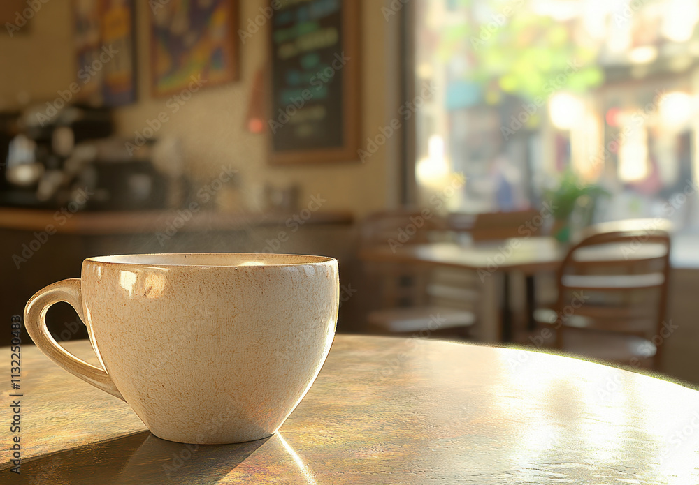 Fototapeta premium Steaming Cup of Tea, Coffee, or Cocoa on a Rustic Wooden Table, Bathed in Warm Morning Sunlight at a Cozy Café