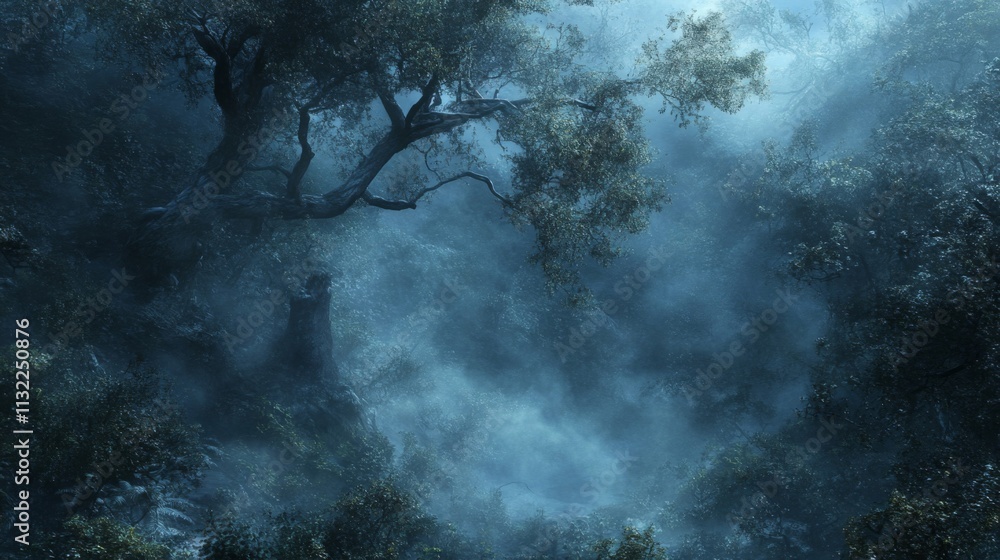 Fototapeta premium A Misty Forest With Overhanging Tree Branches