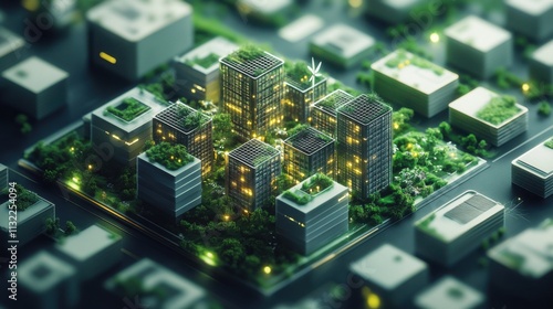 Eco-Intelligent Urban Ecosystem: Hyper-Detailed 3D Isometric Render of Interconnected Wind & Solar Energy Platforms with Luminescent Data Networks and Adaptive Green Architecture. photo