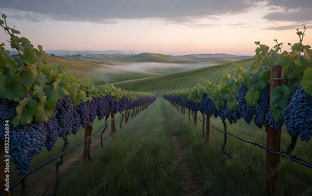 Fototapeta premium Vineyard rows at sunrise, misty hills, ripe grapes hanging from vines.