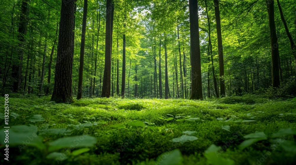 Fototapeta premium A dense forest floor covered in vibrant green moss, tall trees