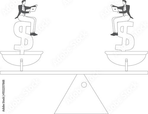 Economic and financial market or stock market price fluctuations, instability and problems in economic recovery, devaluation or appreciation of currency or wealth, two businessmen sitting on a see-saw