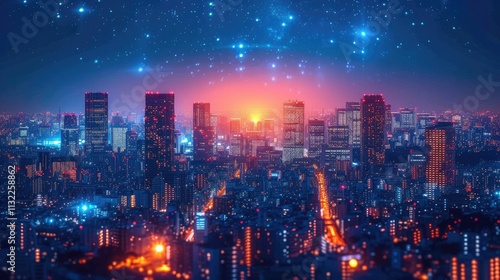 Wallpaper Mural A striking night scene captures the vibrant glow of a modern city skyline, with long exposure showcasing the intricate web of illuminated buildings and network connections Torontodigital.ca