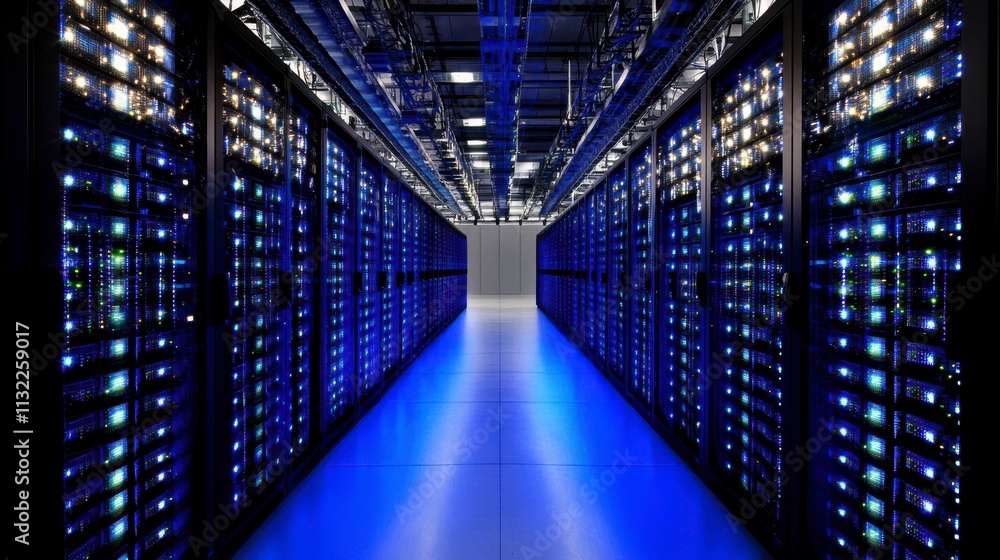 Fototapeta premium Impressive High-Density Server Room with Bright Lighting
