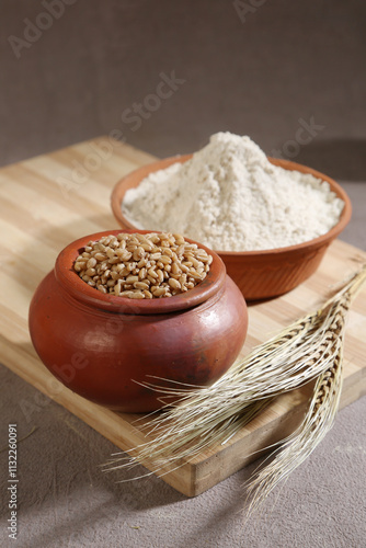 Indian Fresh Wheat With Wheat Flour photo