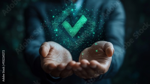 Businessman holding a digital hologram of a green check mark symbolizing compliance and certification Generative AI photo