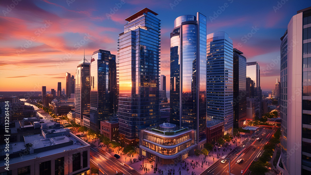 Obraz premium Modern urban skyline at sunset