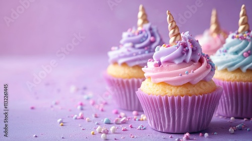 Whimsical Unicorn Cupcakes on Purple Background for Celebration or Party Invitation Generative AI photo