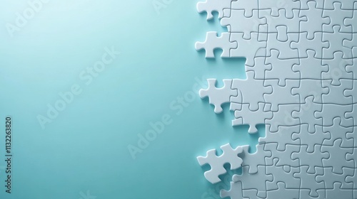 White jigsaw puzzle pieces on a blue background with space for copy, leaving room for the missing piece. photo