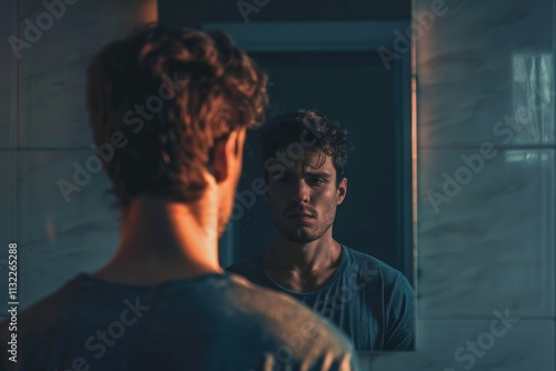 identity absence surreal concept; man in front of mirror reflecting himself without face