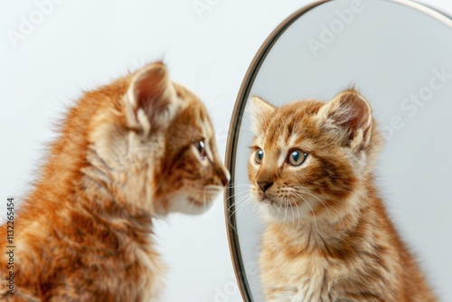 kitten with mirror on white background. kitten looks in a mirror reflection of a lion photo