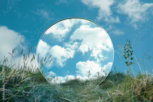 nature concept   blue sky and cloud reflection in round mirror on grass
