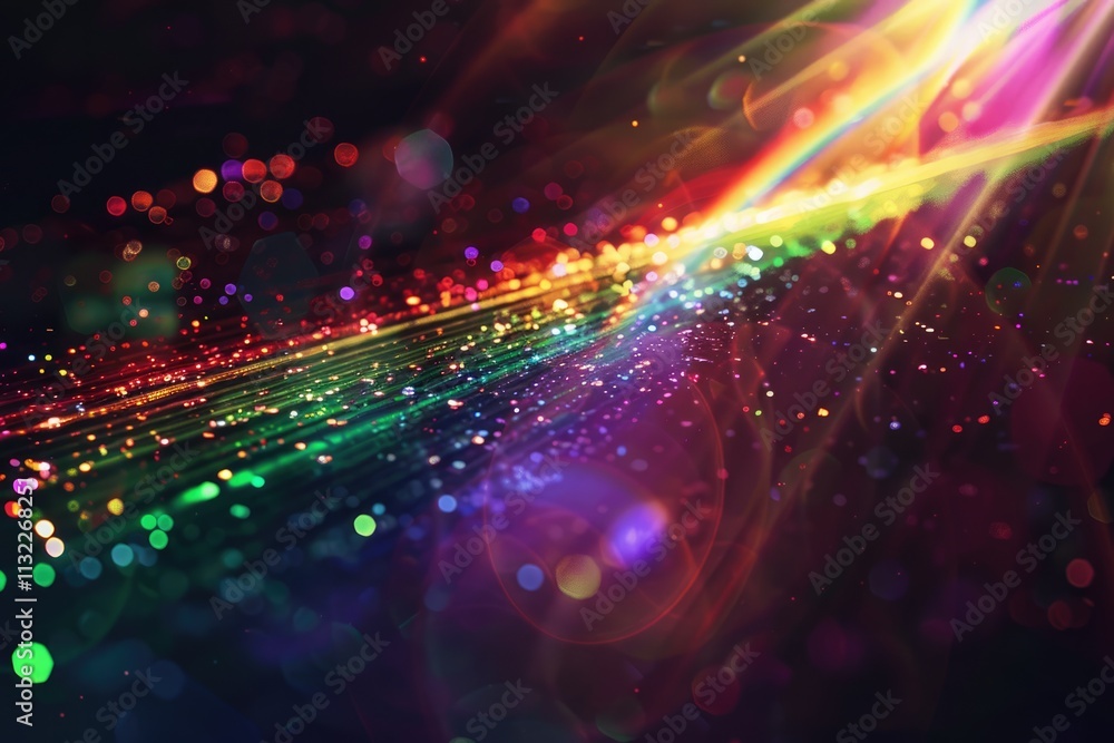 Obraz premium Rainbow light flares overlay on black background.