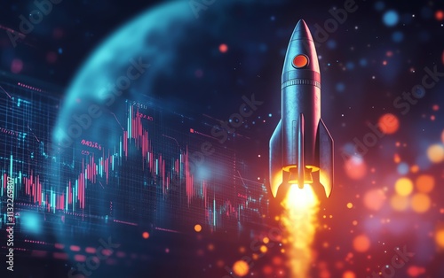 A dynamic rocket launching in front of a rocketthemed stock chart, symbolizing explosive growth in cryptocurrency and stocks heading to the moon photo