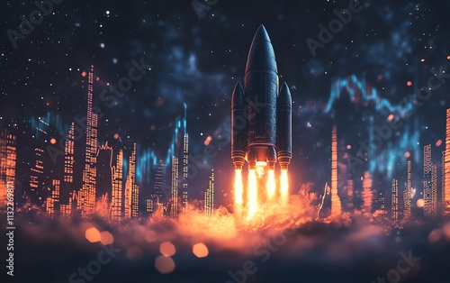 A dynamic rocket launching in front of a rocketthemed stock chart, symbolizing explosive growth in cryptocurrency and stocks heading to the moon photo