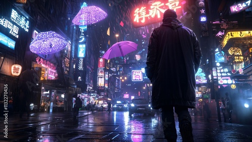 A solitary figure walks through a vibrant neon city drenched in rain; colorful umbrellas and luminous signs illuminate the experience, creating a dreamlike urban atmosphere. photo