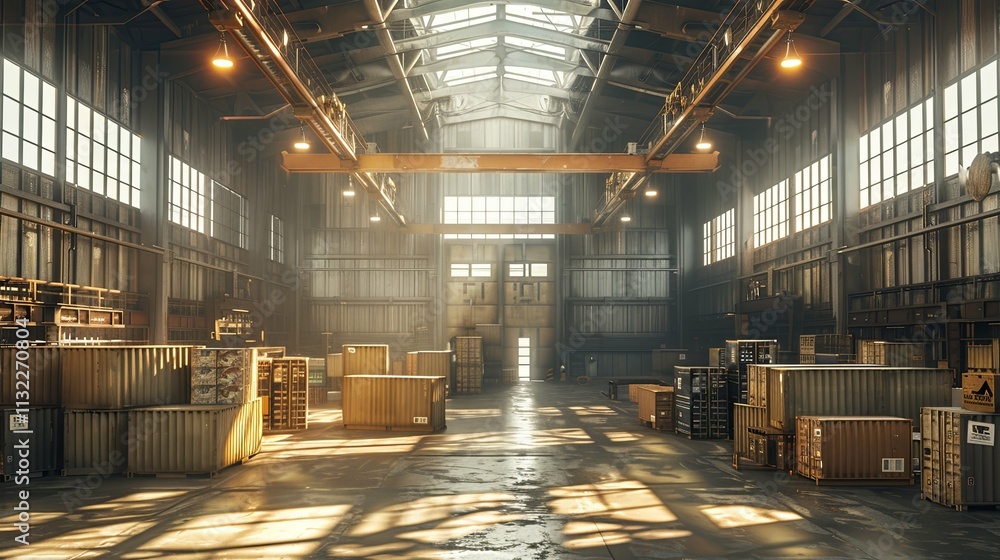 Fototapeta premium Sunlit Industrial Warehouse Interior with Stacked Cargo Containers