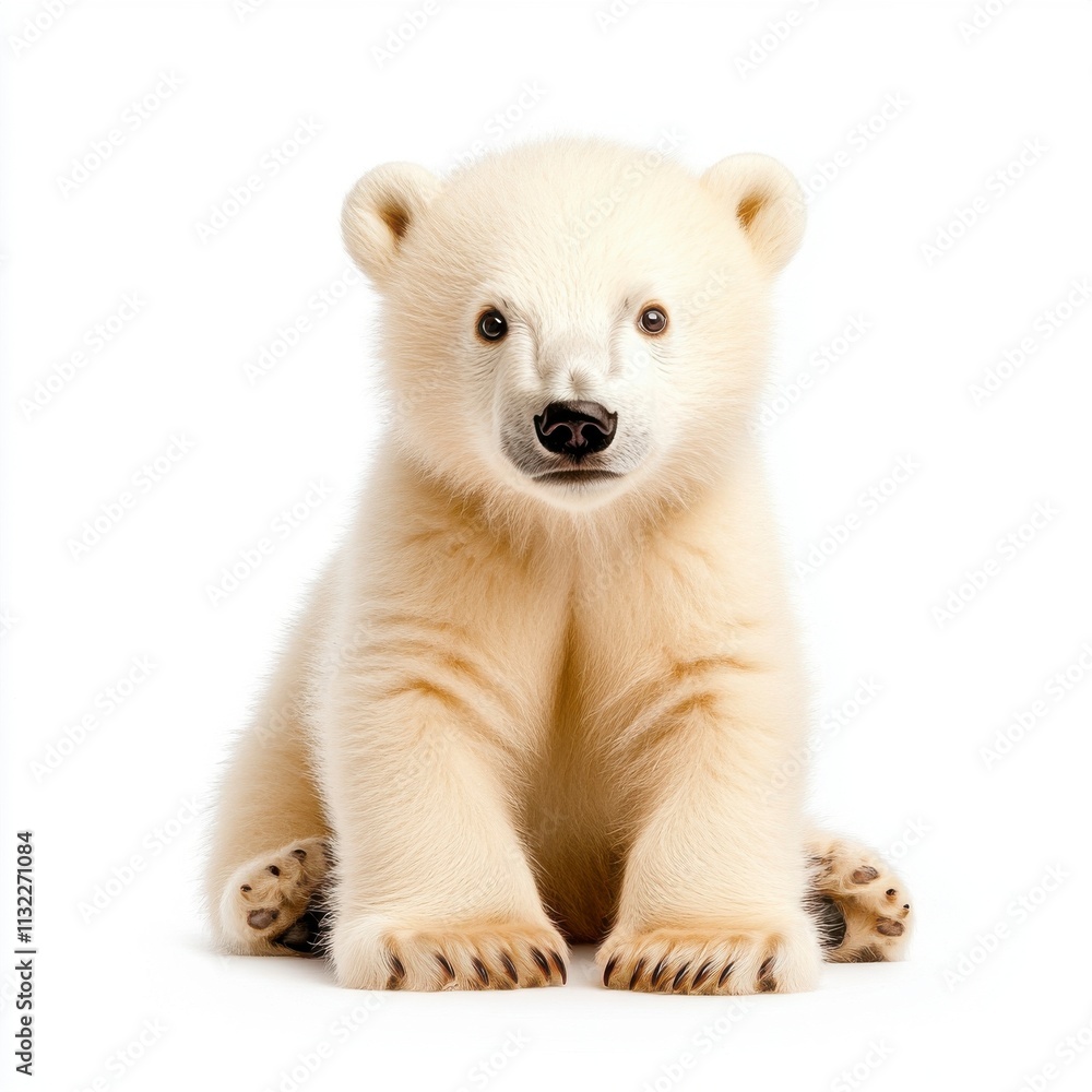 Fototapeta premium Adorable Close-Up of a Young Polar Bear Cub Sitting on a White Background, Showcasing Its Soft Fur and Playful Expression, Perfect for Wildlife and Animal Conservation Themes