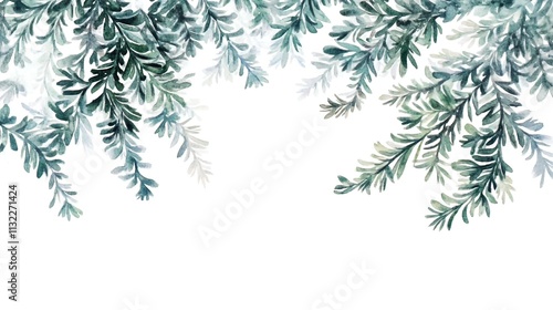 Watercolor painting of green branches with leaves, isolated on white background, suitable for decoration.