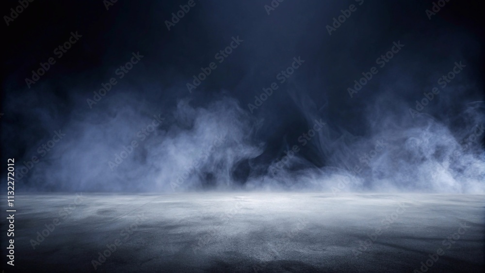 Fototapeta premium A dimly lit room filled with swirling smoke rising from the floor, creating an eerie atmosphere,A shadowy room enveloped in smoke that billows up from the ground, enhancing the mysterious ambiance