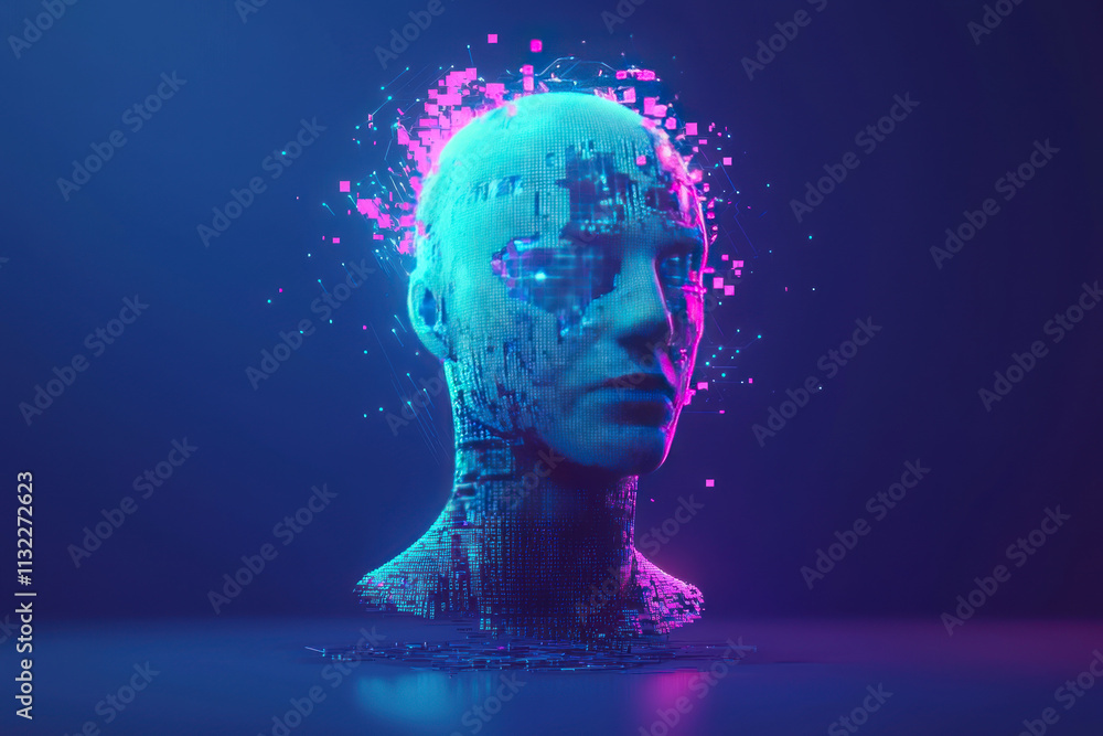 Obraz premium Digital head with glowing blue and pink pixels, representing technology and creativity