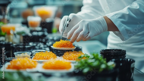 High-end kitchen scene showing meticulous production of caviar appetizers with precision tools, perfect for culinary and hospitality industry Generative AI photo