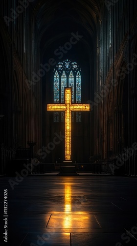 Cross illuminated in a gothic cathedral s shadowy interior, medieval sacred atmosphere photo