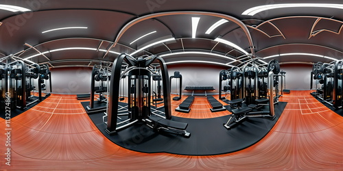 Full 360 degrees seamless spherical panorama HDRI equirectangular projection of 
An expansive state-of-the-art gym. Texture environment map for lighting and reflection source rendering 3d scenes.