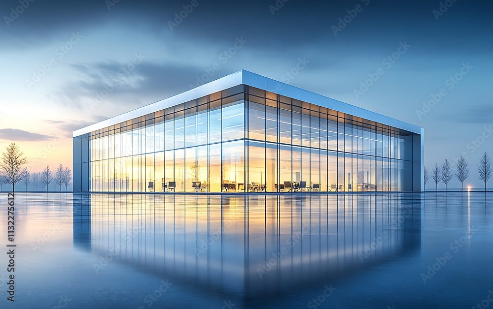 Obraz premium Modern glass building reflecting in water at sunset.
