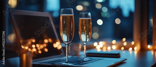 Laptop and champagne glasses in a remote corporate party setup, festive mood, modern tech, clean lines, warm lighting, sophisticated virtual celebration ambiance photo