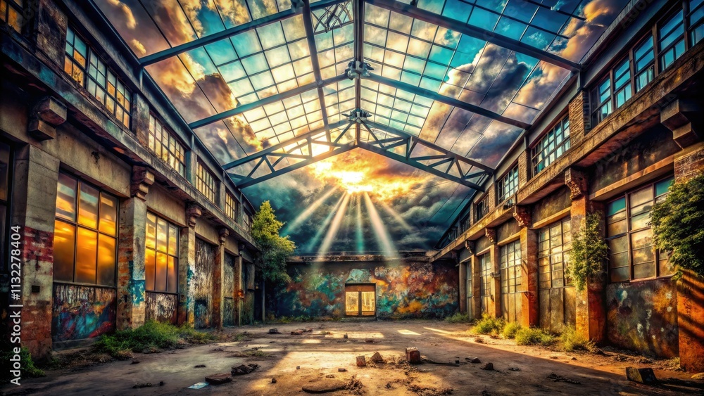 Fototapeta premium Urban Exploration Photography: I Font Clouds - Abandoned Building, Industrial Decay, Graffiti Art, Skylight, Mysterious Atmosphere