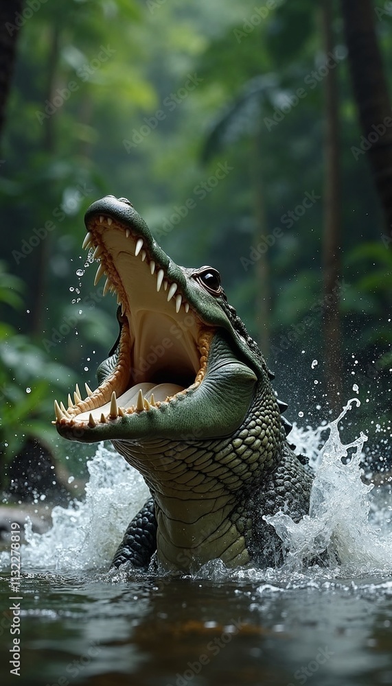 Obraz premium Crocodile lunging out of water to catch prey, jaws wide open, splashing water, dense jungle backdrop