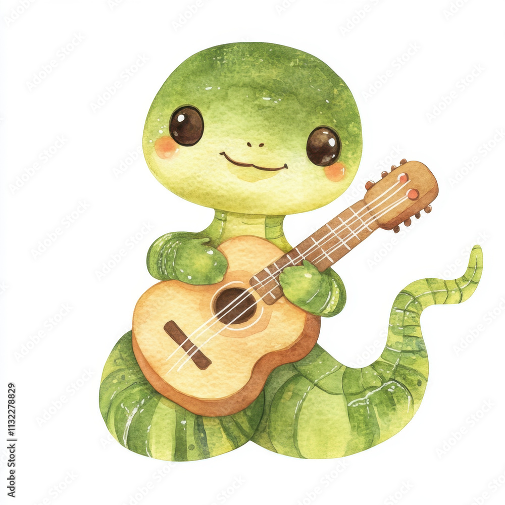 Obraz premium Kawaii cute adorable little watercolor style snake playing a ukulele, isolated on a white background snake, vector, cute, 
